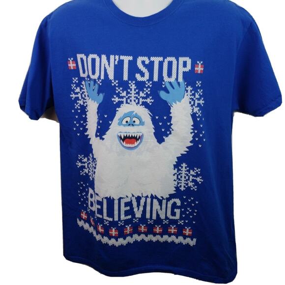 Rudolph Red Nosed Reindeer Abominable Snowman Don't Stop Believing Blue Tshirt L - Picture 1 of 4